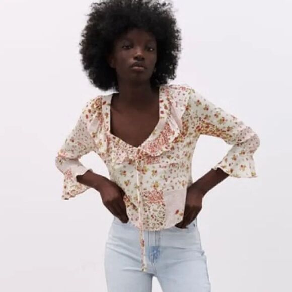 ZARA RUFFLED PATCHWORK PRINT SHIRT - Picture 2 of 4